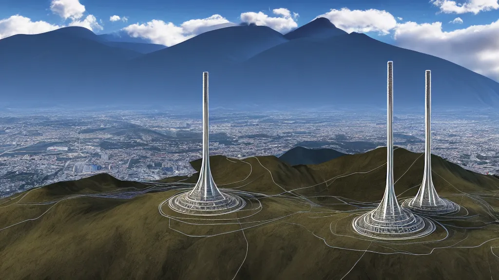 Image similar to Epic Nuclear power towers gracefully over the mountain valley of Quito, Ecuador; by Oswaldo Moncayo and Vincent Callebaut; Location: Quito Ecuador 4K, 8K; Ultra-Realistic Depth Shading