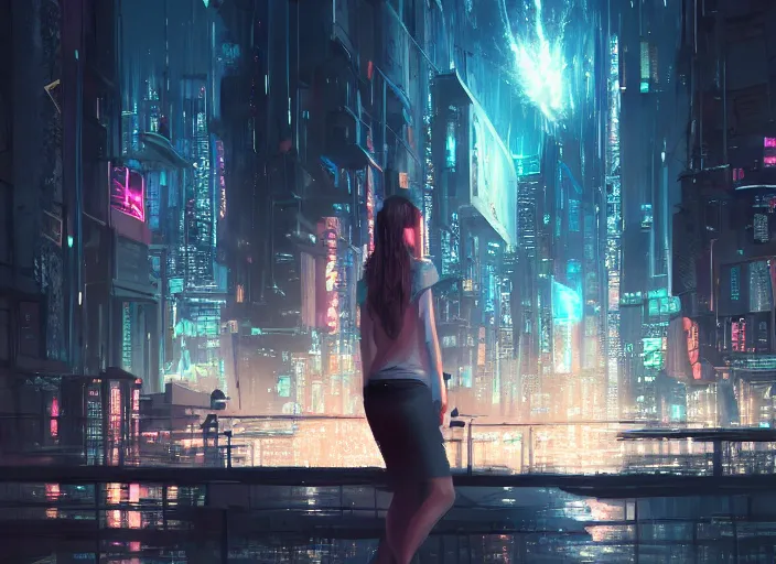 Image similar to girl staring at a meteorite hitting a floating cyberpunk city at night by wlop, key visual, high detail, digital art