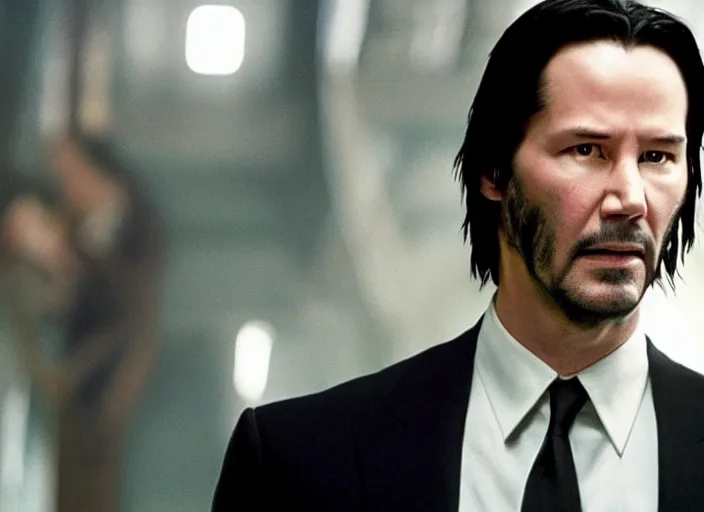 Image similar to film still of keanu reeves as agent smith in the new matrix movie, 4 k