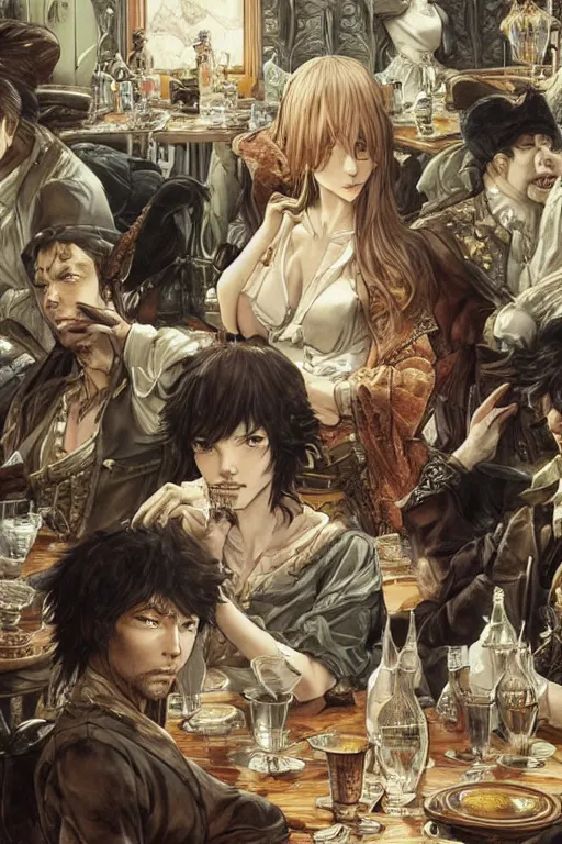 Image similar to Fantasy Scene of a Empty tavern full of Spilled ooze, manga, highly detailed, beauty, art by Takehiko Inoue, Artgerm, intricate, elegant, J. C. Leyendecker