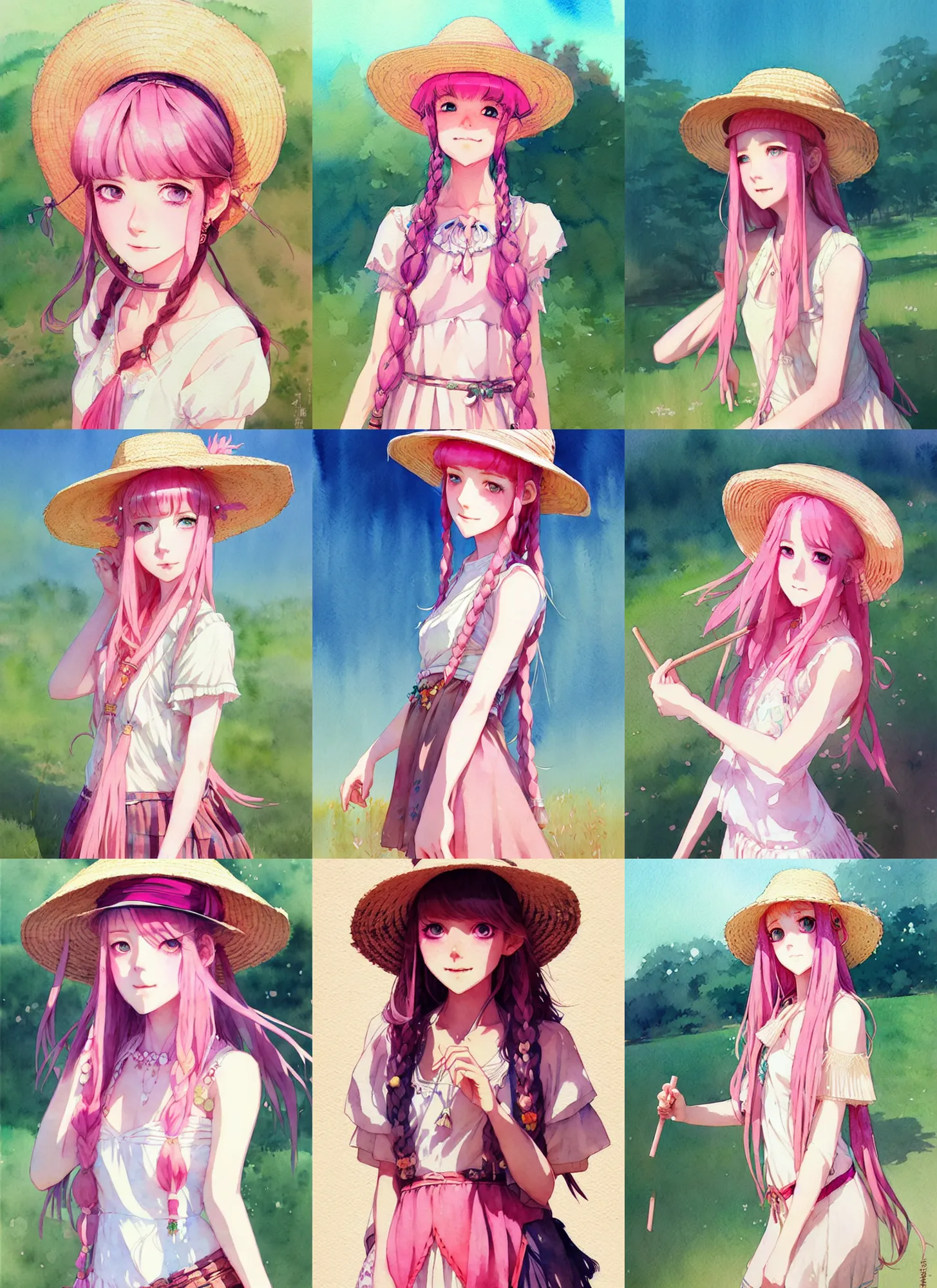Prompt: portrait of a cute girl with pink hair with straw hat dress in boho style camping, symmetry face, top lighting, cute - fine - face, ( watercolor ), art by hidari and krenz cushart and wenjun lin and starember
