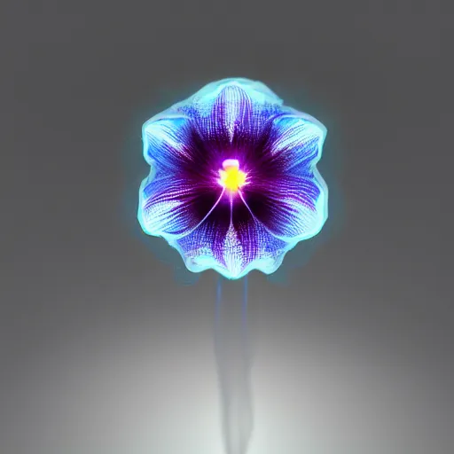 Prompt: an orchid flower, made of metal, cybernetic, reflective, glowing, unreal engine
