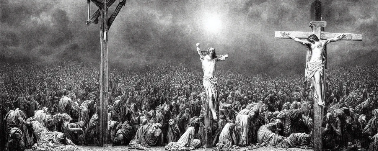 Prompt: the crucifixion of jesus christ, photorealistic, highly detailed, texture, soft light, dramatic, moody, ambient, painting by gustave dore