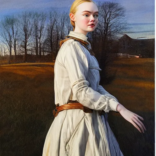 Image similar to Elle Fanning as an Android, oil on canvas, golden hour, in the world of Andrew Wyeth, artstation, by J. C. Leyendecker and Peter Paul Rubens,