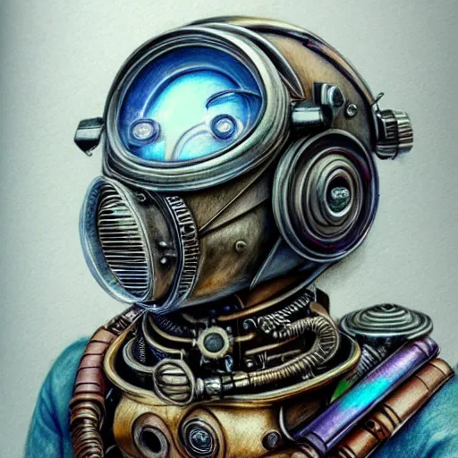 Image similar to hyper realistic pencil drawing of a steampunk robot , water color, full portrait, detailed, rim light, diffused, intricate, by anna dittmann,