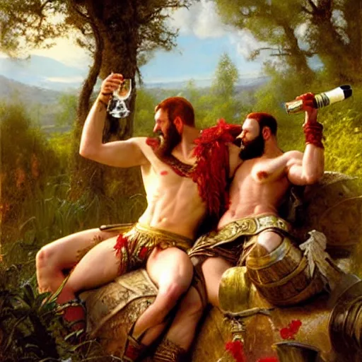 Image similar to ares the god of war tickles achilles the champion on a feather bed in a meadow, dionysus drinks wine in the background she is smirking, painting by gaston bussiere, craig mullins, j. c. leyendecker, tom of finland