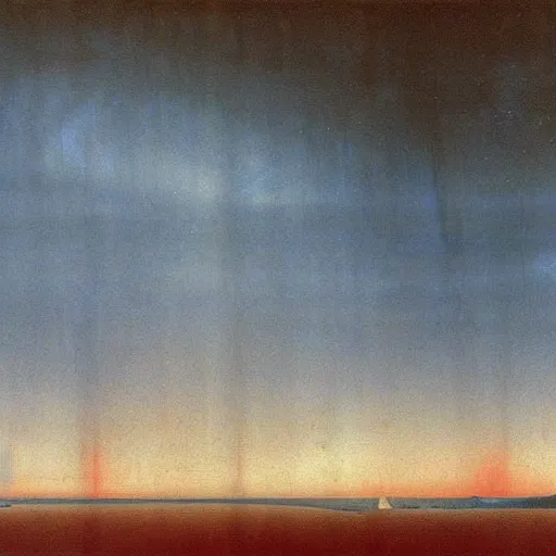 Image similar to the epic abstract painting'blue arctic void with black and red aurora borealis above a tiny inuit village ', by caspar david friedrich!!!, by rothko!!!, stunning masterpiece, trending on artstation