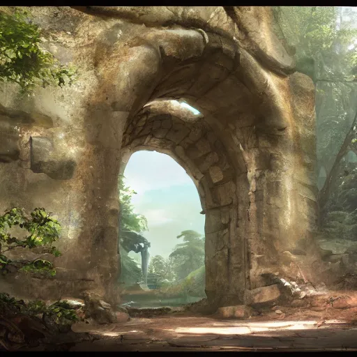Image similar to concept art painting of an ancient ornate stone archway, with a magical portal inside to another dimension, in the woods, realistic, detailed, cel shaded, in the style of makoto shinkai and greg rutkowski and james gurney