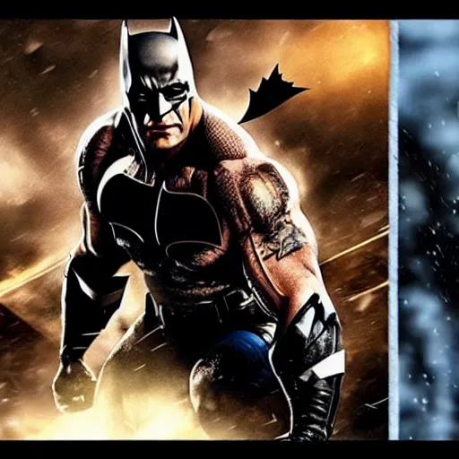 Prompt: Dwayne Johnson as batman Arkham, cinematic, epic , dramatic