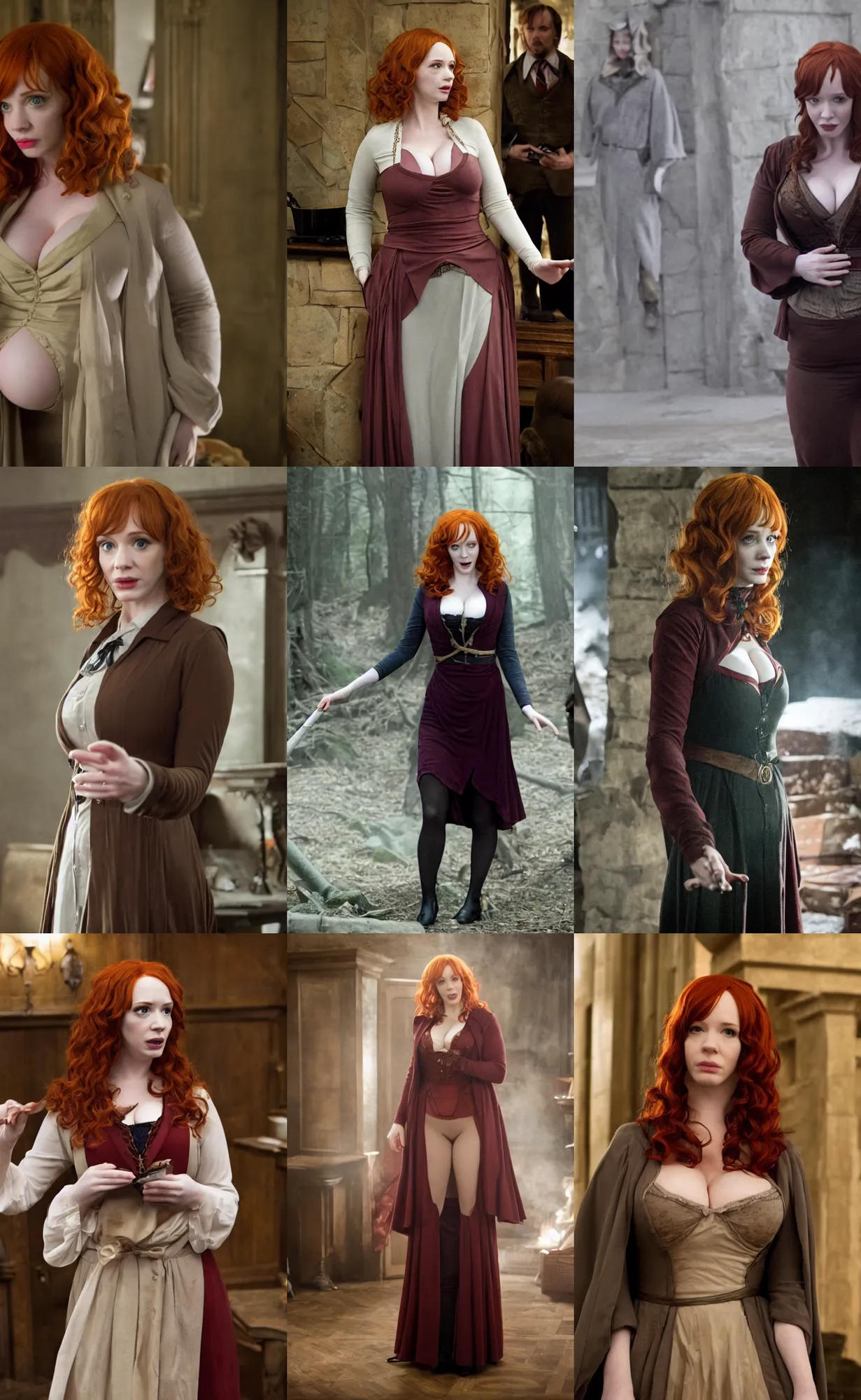 Prompt: movie still of shocked surprised christina hendricks cosplaying as harry potter from the deathly hallows, touching clothes, touching her waist, directed by david yates