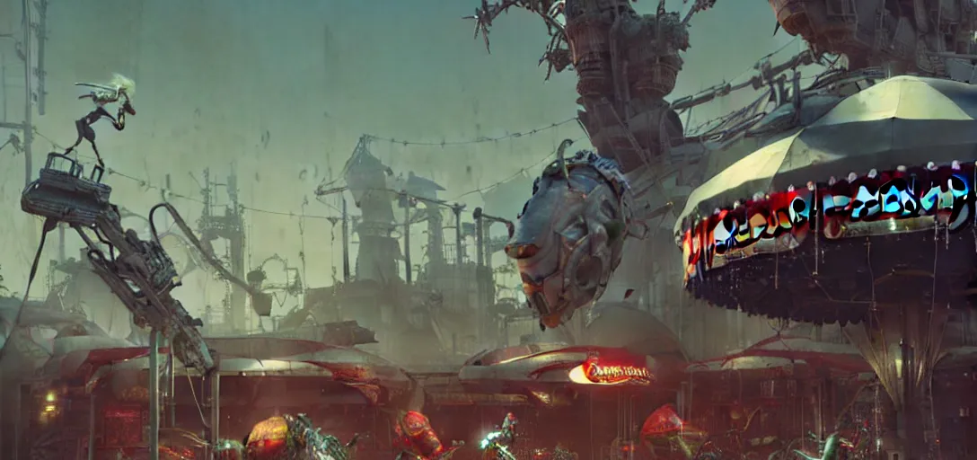 Prompt: close - up of old cyborgs exploring small town cyperpunk amusement, mcdonalds sign, big top circus tent, highly detailed, nightmare, japan, digital painting, concept art, matte, art by ruan jia and wlop and greg rutkowski and makoto shinkai, masterpiece