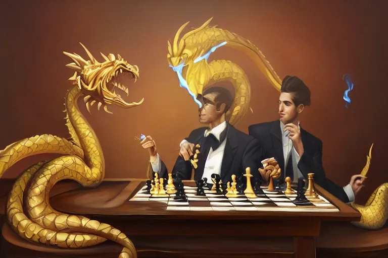 Image similar to oil painting art deco dragon shiny scales golden highlights smoking a cigar sitting at a chess table strategy wearing a handsome suit, trending on artstation, deviantary, furaffinity