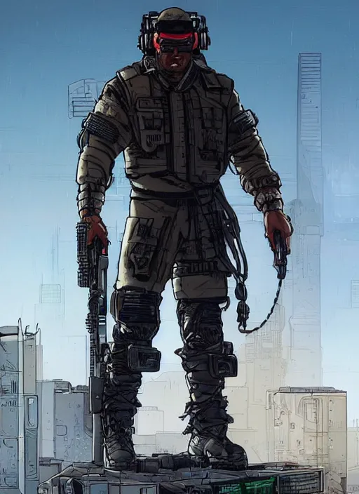 Image similar to Dangerous Tojo. buff Samoan cyberpunk mercenary wearing a cyberpunk tactical headset and military vest. AR-15. square face. Realistic Proportions. Concept art by James Gurney and Laurie Greasley. Moody Industrial skyline. ArtstationHQ. Creative character design for cyberpunk 2077.