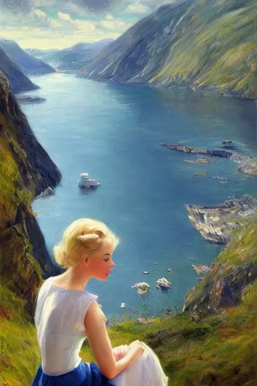 Image similar to 1950s beautiful!!! blonde looking over a Norwegian fjord, aesthetic!!! painting by Vladimir Volegov