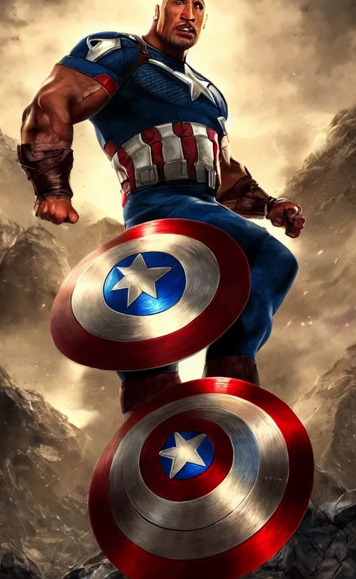 Image similar to dwayne johnson as captain america, dynamic lighting, cinematic, ultra detailed, trending on art station, stunning visuals, creative, fantasy concept art