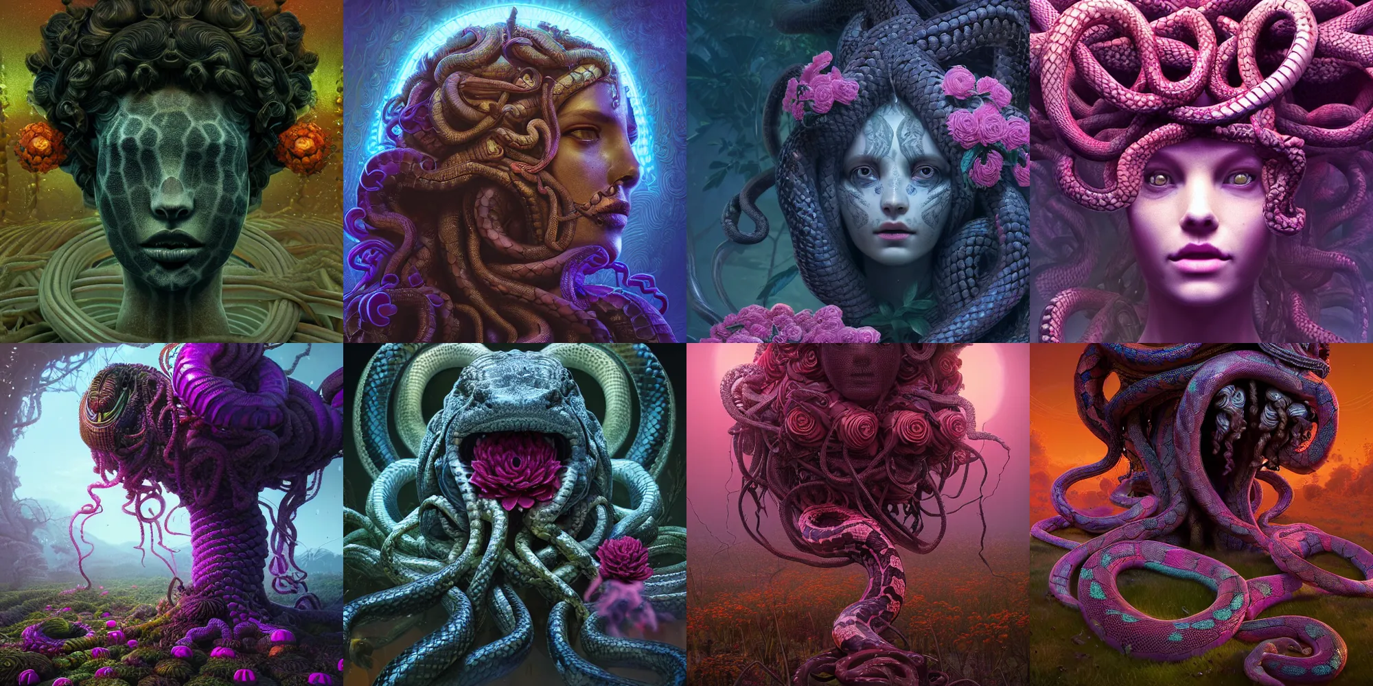 Prompt: beautiful dark medusa gorgon gaze head, highly detailed snakes, beautiful flowers, beautiful dark creepy landscape, in the style of beeple and mike winkelmann, intricate, epic lighting, cinematic composition, hyper realistic, 8 k resolution, unreal engine 5, raytracing, ultraviolet colors,