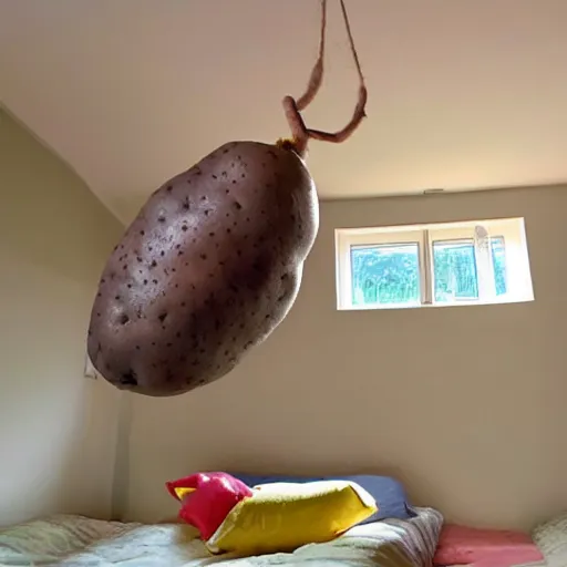 Image similar to a potato flying around a bedroom