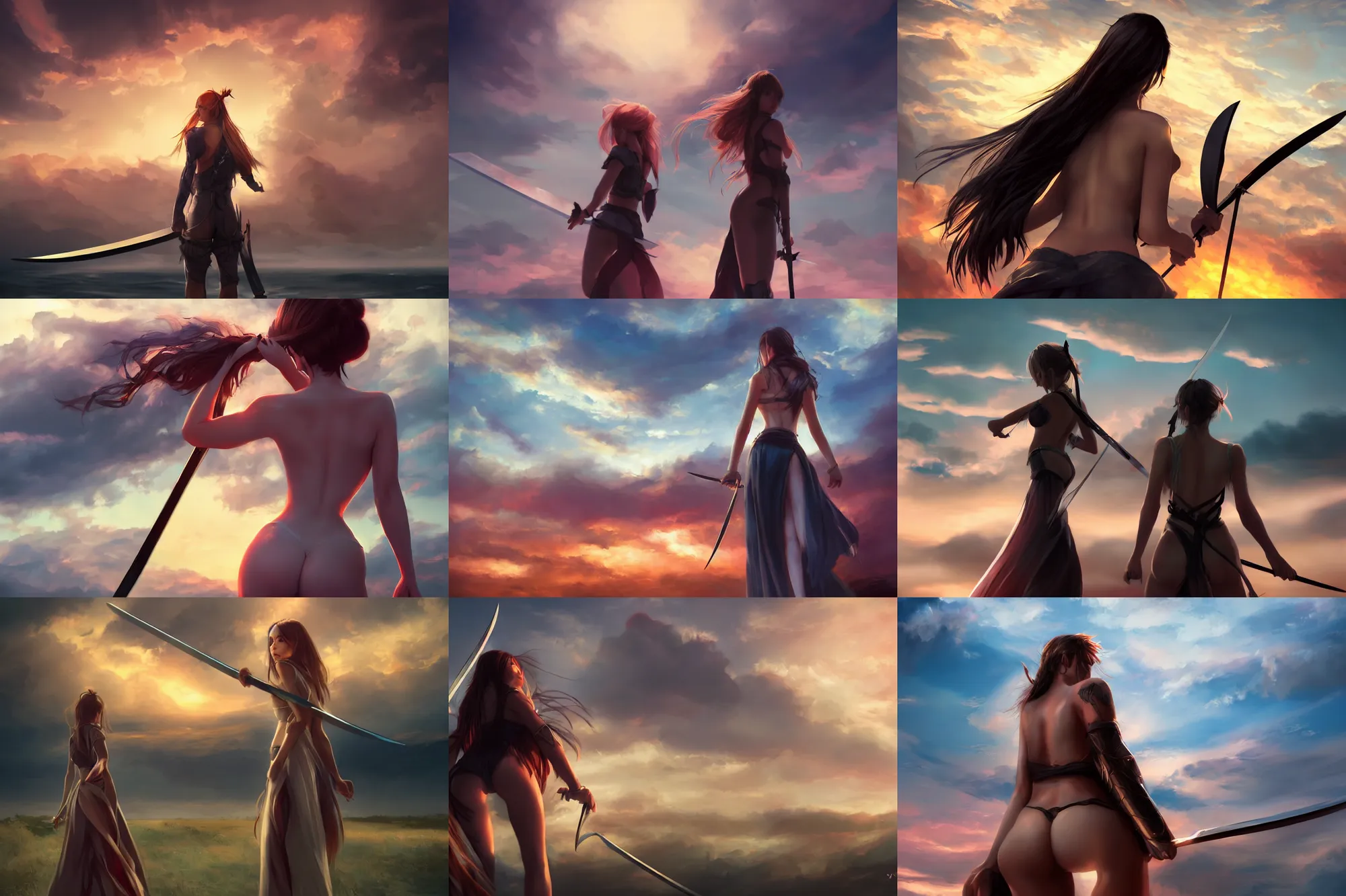 Image similar to back shot of one single beautiful girl, holding two swords, digital art by wlop. artstation contest winner, cinematic paint. lower shot. dramatic cloud in background. sunset