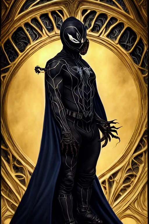 Image similar to venom eddie brock symbiote gothic navy cloak with gold details, castle town, fantasy character portrait, ultra realistic, intricate, elegant, highly detailed, digital painting, artstation, smooth, sharp, focus, illustration, art by artgerm and greg rutkowski and alphonse mucha