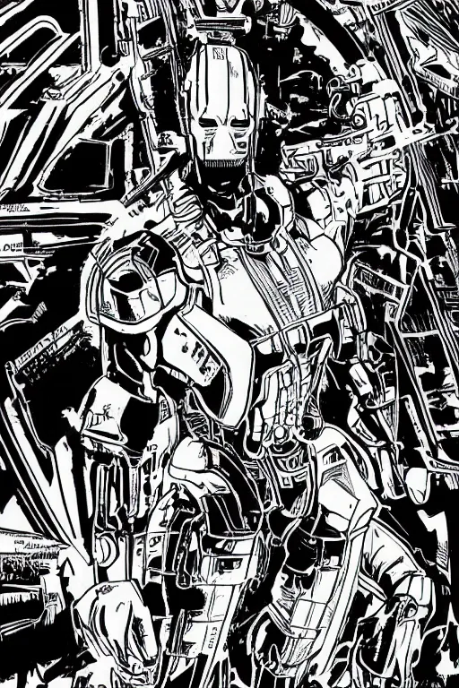 Image similar to ultron, a page from cyberpunk 2 0 2 0, style of paolo parente, style of mike jackson, 1 9 9 0 s comic book style, white background, ink drawing, black and white