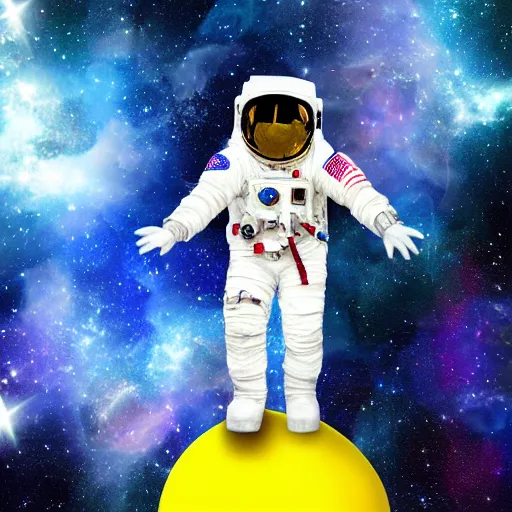 Prompt: astronaut in space, galactic background reflections on suit on one side and a yellow planet on the other side