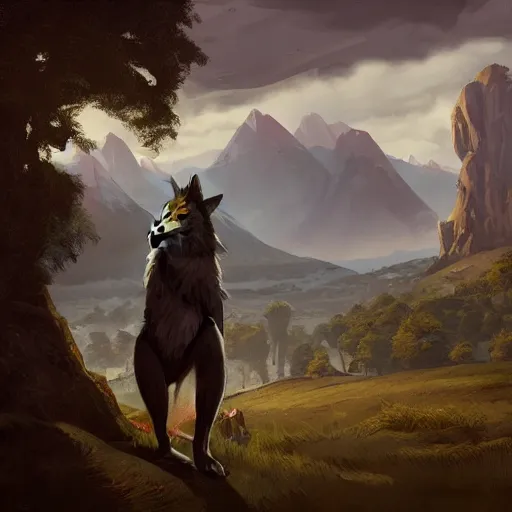 Prompt: an anthropomorphic wolf in a doublet looking out over the hills, artstation hq, stylized, anthro furry art, furaffinity fursona, landscape, greg rutkowski, sharp focus, concept art