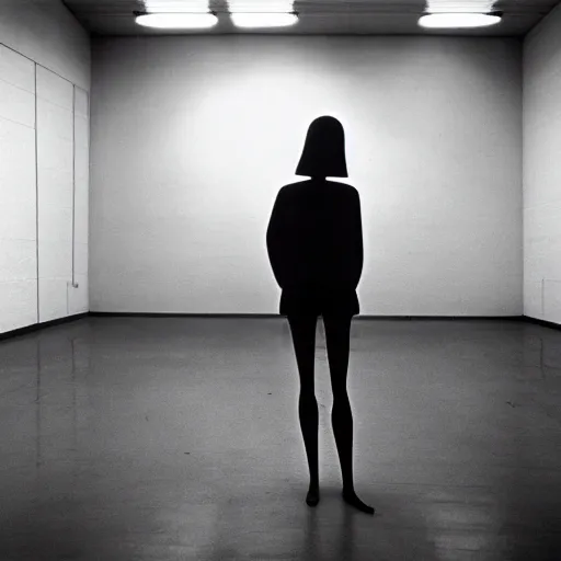 Image similar to empty warehouse room with a lone female mannequin in front of the camera cinestill liminal 7 0's film