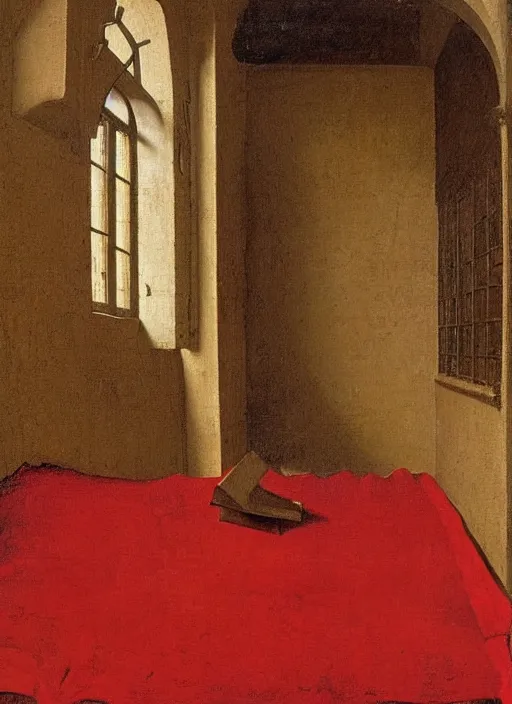 Image similar to red cloth of the floor, medieval painting by jan van eyck, johannes vermeer, florence