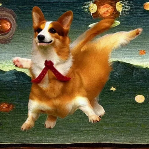 Image similar to happy corgi dog flying through cosmos, renaissance art style