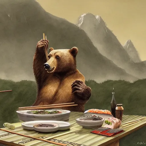 Image similar to bear eating sushi with chopsticks, a detailed matte painting by anton pieck, deviantart contest winner, fantasy art, concept art, official art, matte drawing