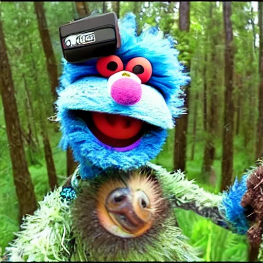 Prompt: trail cam footage of Grover the Muppet, Grover on video from a trail camera