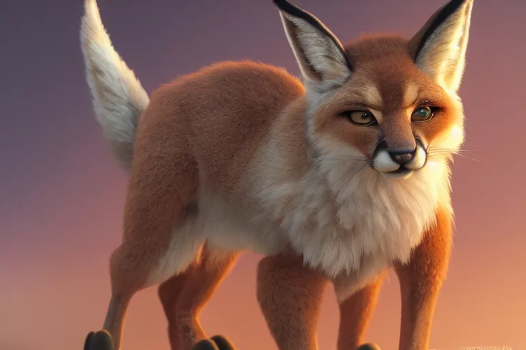 Image similar to The fluffiest little fur creature in the world, hybrid from cat caracal fox lion deer, fullbody, oil painting, disney, zootopia, volumetric light, unreal 5, DAZ, hyperrealistic, octane render, RPG portrait, dynamic lighting, fantasy art, beautiful face