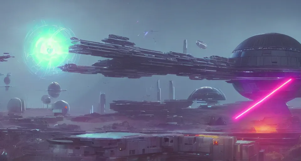 Prompt: GIANT ORBITAL DEATH CANNON, DEATH STAR, Low orbital laser cannon shooting a neon beam down on the landscape, neon laser cannon, cinematic, rendered by Beeple, Makoto Shinkai, syd meade, simon stålenhag, star wars, inspired by Gundam, environment concept, digital art, unreal engine, 3 point perspective, WLOP, trending on artstation, low level, 4K UHD image, octane render,