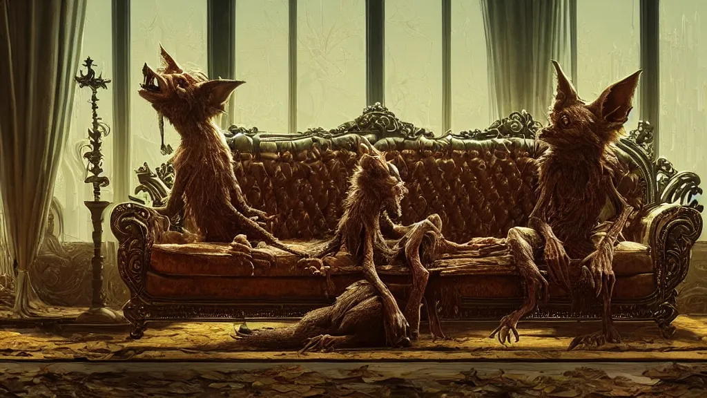 Prompt: a goblin sitting on an ornate victorian couch made out of fox fur, intricate, detailed, volumetric lighting, sharp focus, photorealism, digital painting, highly detailed, concept art, by roger dean and simon stalenhag and mark brooks