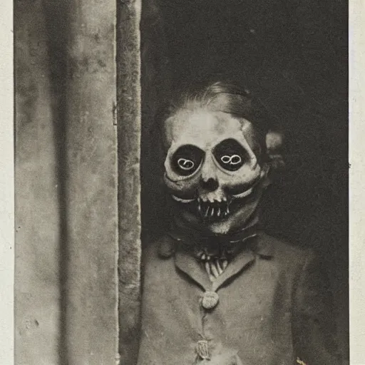 Image similar to child wearing a halloween mask in 1 9 0 0, photograph, style of atget, creepy, atmospheric, unsettling