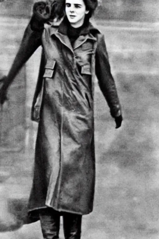 Prompt: photograph of soviet chekist comrade emma watson, standing in a long leather coat, vintage revolution photograph, famous photo from kgb archives