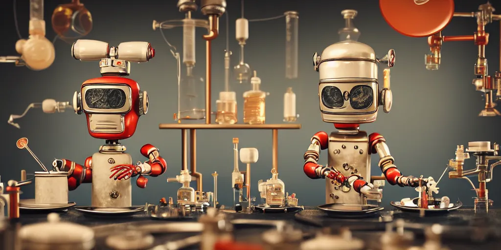 Image similar to closeup portrait of tin toy retro robot chef cooking pastry with vials in a chemical scientific lab, depth of field, zeiss lens, detailed, centered, fashion photoshoot, by nicoletta ceccoli, mark ryden, lostfish, breathtaking, 8 k resolution, extremely detailed, beautiful, establishing shot, artistic, hyperrealistic, octane render