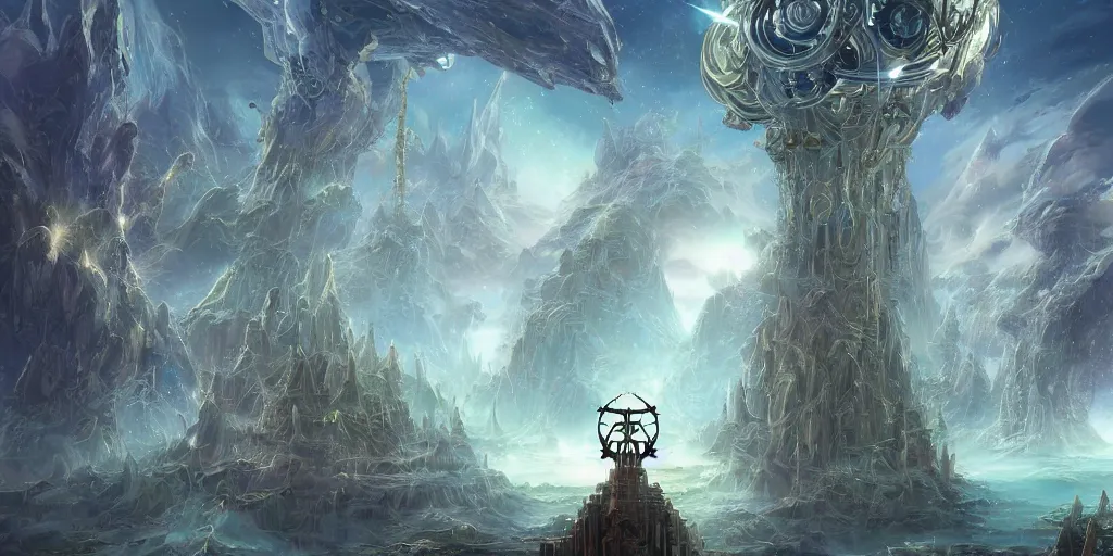 Image similar to majestic interstellar portal, fortress gateway, huge futuristic temple city, magical sparkling lake, birds eye, vista view, peter mohrbacher, vladimir kush, michael whelan, bill stoneham, tsutomu nihei, jane graverol, kay sage, digital art, airbrush, art nouveau, intricate, clear, looming, epic, depth, artstation, highly detailed, blender, Unreal Engine, octane render, vray, 8k