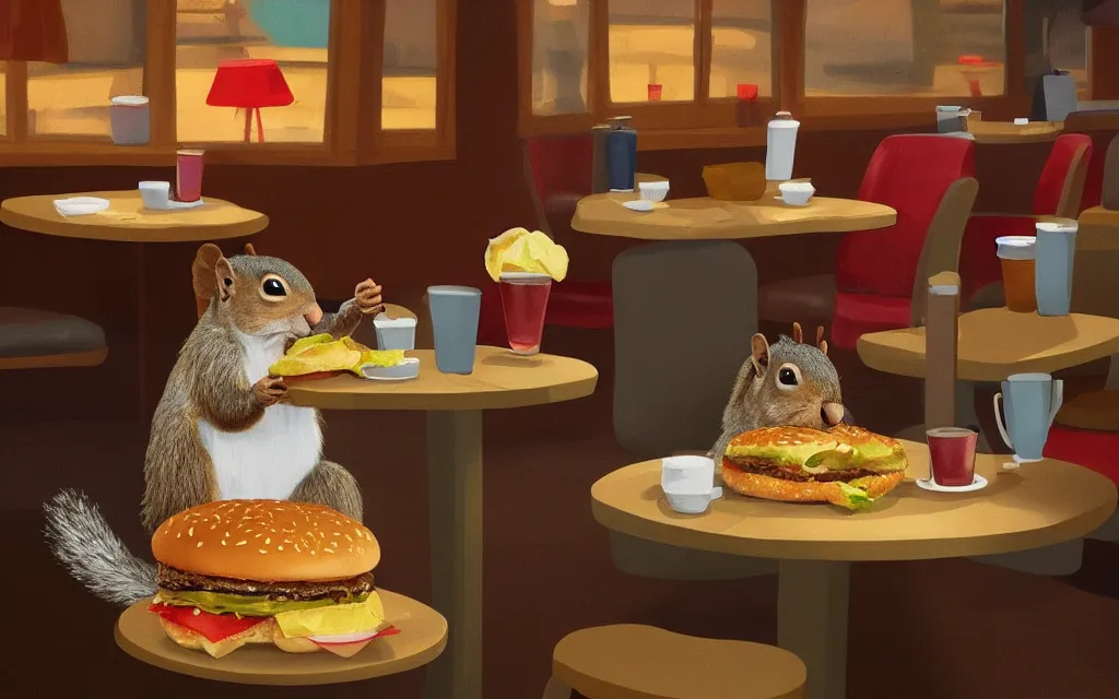 Prompt: a lonely squirrel eating a burger in a diner, digital art, trending on ArtStation