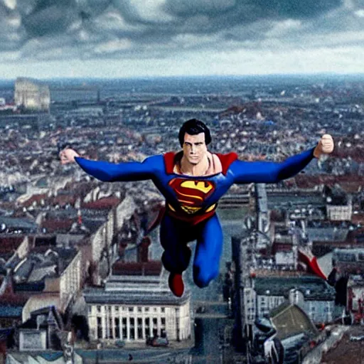 Image similar to A film still of superman flying over Dublin City Ireland