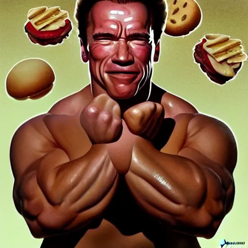 Image similar to portrait of Arnold schwarzenegger eating hamburgers, extra onions and ketchup, luscious patty with sesame seeds, feminine ethereal, handsome, D&D, fantasy, intricate, elegant, highly detailed, digital painting, artstation, concept art, matte, sharp focus, illustration, art by Artgerm and Greg Rutkowski and Alphonse Mucha