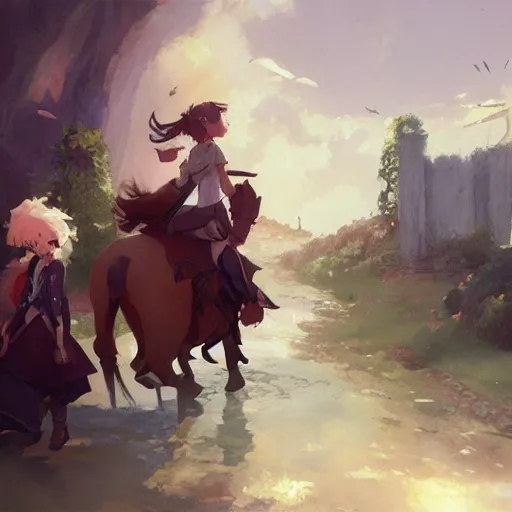 Image similar to a group of people riding on the backs of horses, a storybook illustration by krenz cushart, pixiv contest winner, fantasy art, official art, concept art, storybook illustration.