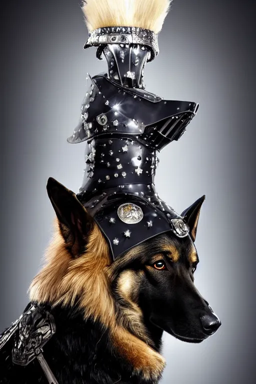 Image similar to donald trump knight wearing a real german shepherd on his head, armor designed by wayne barlowe, swarovski and tiffany, blonde hair, symmetry, sci - fi, cinematic, elegant, luxury, perfect light, perfect composition, dlsr photography, sharp focus, dark fantasy, 8 k, ultra hd, sense of awe, highly detailed, realistic, intricate