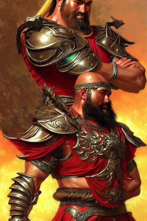 Image similar to attractive beefy male with armor, guan yu, character design, colorful paint, sweat, painting by gaston bussiere, craig mullins, j. c. leyendecker