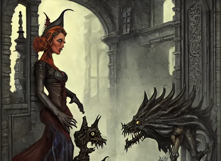 Image similar to a grotesque courtyard with gates and a beautiful witch queen poses with her evil mechanical beast, detailed 4 k painting, dramatic cold light, style of gerald brom