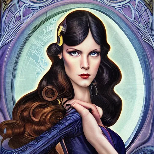 Image similar to an art nouveau, ( streamline moderne ), multi - racial portrait in the style of anna dittmann and donato giancola and chanthara. very large, clear, expressive, and intelligent eyes. centered, ultrasharp focus, dramatic lighting, photorealistic digital matte painting, intricate symmetrical ultra detailed background.