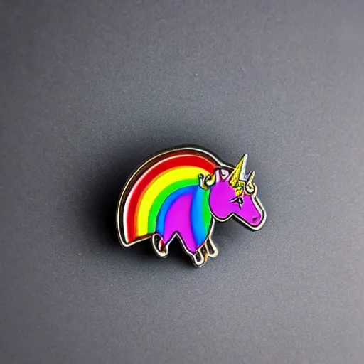 Prompt: rainbow unicorn enamel pin, product photography