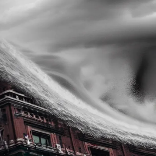 Prompt: a huge tsunami wave about to crash over manhattan, epic cinematic low angle shot from the street, looking up at the wave, end of the world vibes, dark and gloomy, details visible