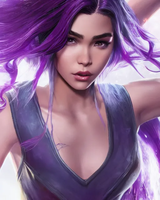 Prompt: madison beer with purple - hair sweaty flowing hair, by marvel trading card, greg rutkowski, wlop, unreal engine, 4 k, hdr