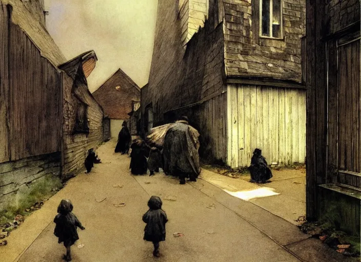 Image similar to dark alley full of poor children who live on the street, painting by andrew wyeth and alan lee, very detailed, somber mood,